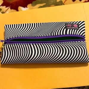 Makeup Junkie Black and White Striped Clutch with Purple Zipper